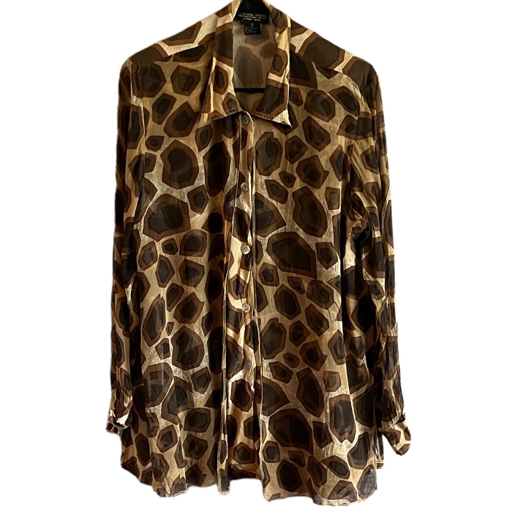 Marshal Rousso Brown Animal Print Silk Long Sleeve Button Front Blouse
